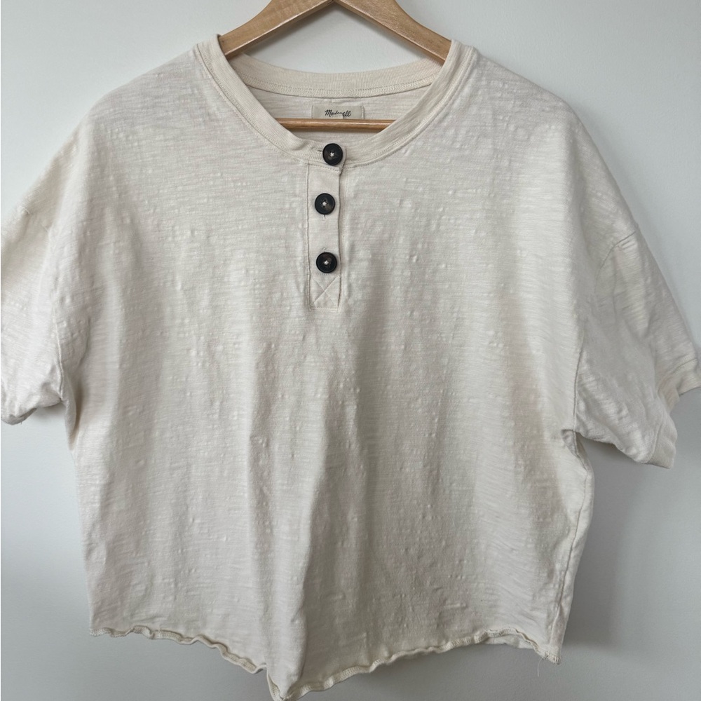 Madewell Ivory Cotton Slub Henley Crop Tee 3 Button Short Sleeve Casual Top